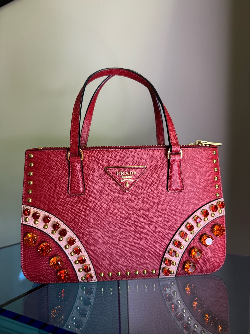 Rare Prada Red Saffiano Leather Tote with Crystal Accents